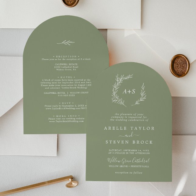 Mindestleaf | Lichtbogenbrücke in einer Hochzeit Einladung (Minimal Leaf | Light Sage Arch All In One Wedding Invitation)