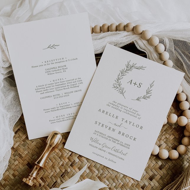 Mindestleaf | Olive Green All in one Wedding Einladung (Von Creator hochgeladen)