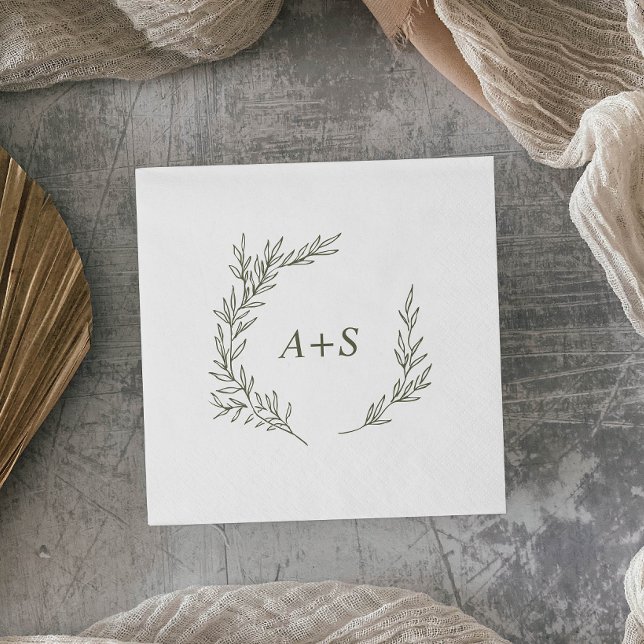 Mindestleaf | Olive Green Monogram Wedding Serviette (Von Creator hochgeladen)