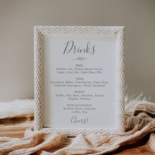 Mindestleaf | Olive Green Wedding Drink Menu Sign Poster (Von Creator hochgeladen)
