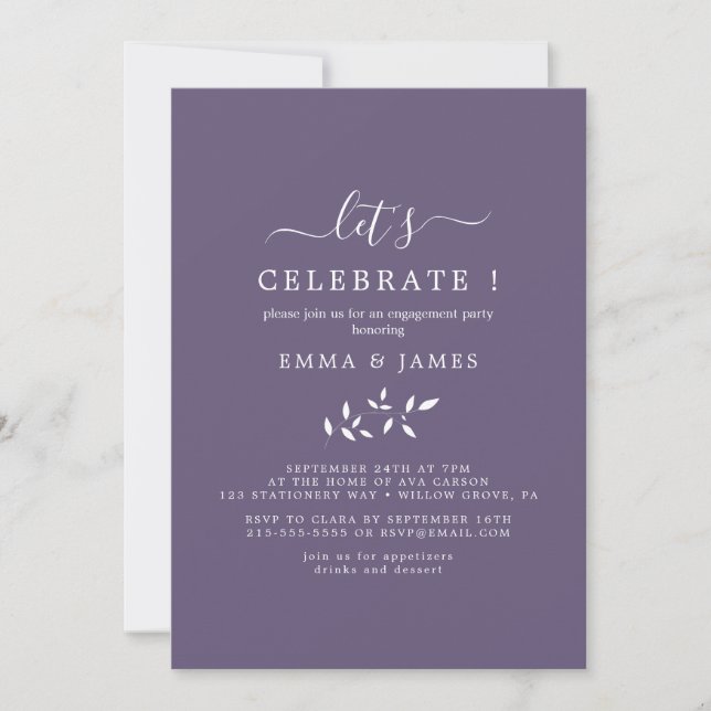 Mindestleaf | Plum Lila "Let's Celebrate" Einladung (Vorderseite)