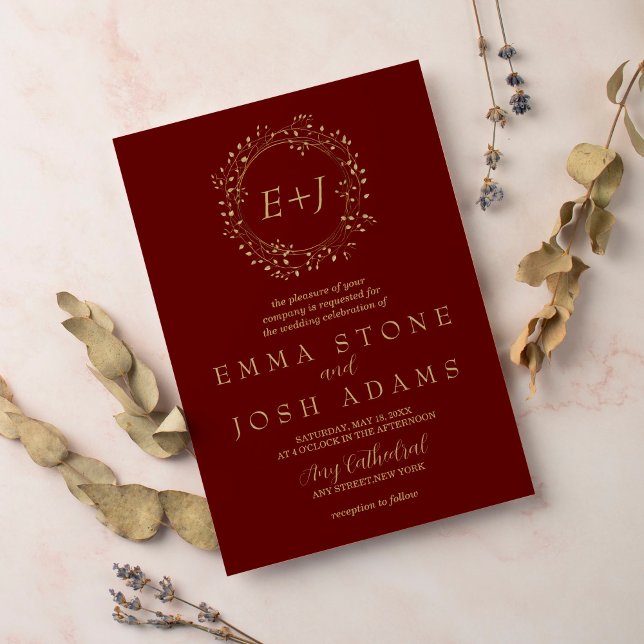 Mindestleaf | Red Formal Monogram Wedding Einladung (Von Creator hochgeladen)