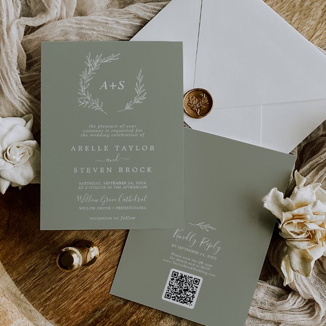 Mindestleaf | Sage Green Monogram QR Code Wedding Einladung (Von Creator hochgeladen)