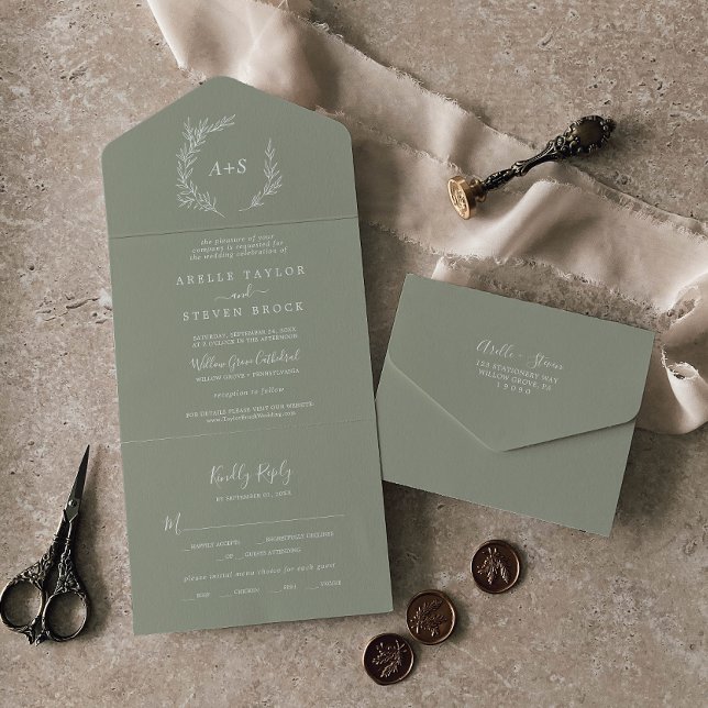Mindestleaf | Sage Green Wedding All In One Einladung (Von Creator hochgeladen)