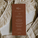 Mindestleaf | Terracotta Wedding Dinner Menu Menükarte<br><div class="desc">Diese minimale Blatt Terracotta Hochzeitsmenü-Karte ist perfekt für eine Hochzeit. Die Silhouette ist schlicht und besteht aus einem grünen Blatt in erdbrauner Orange mit minimalistischem Wüstenböhmischen Stil. Diese Speisekarte kann für Hochzeitsfeiern,  Proben oder jede Veranstaltung verwendet werden.</div>