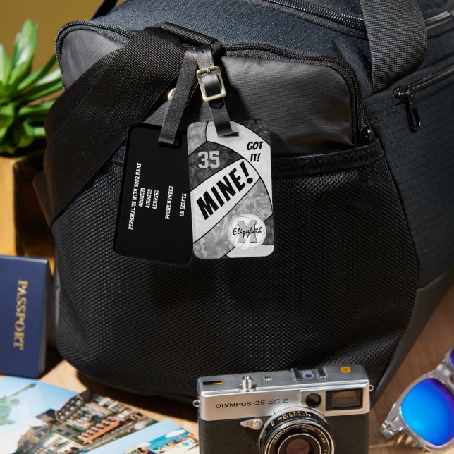 MINE! Das schwarz-graue Volleyballteam des Mädchen Gepäckanhänger (Vorderseite & Rückseite)