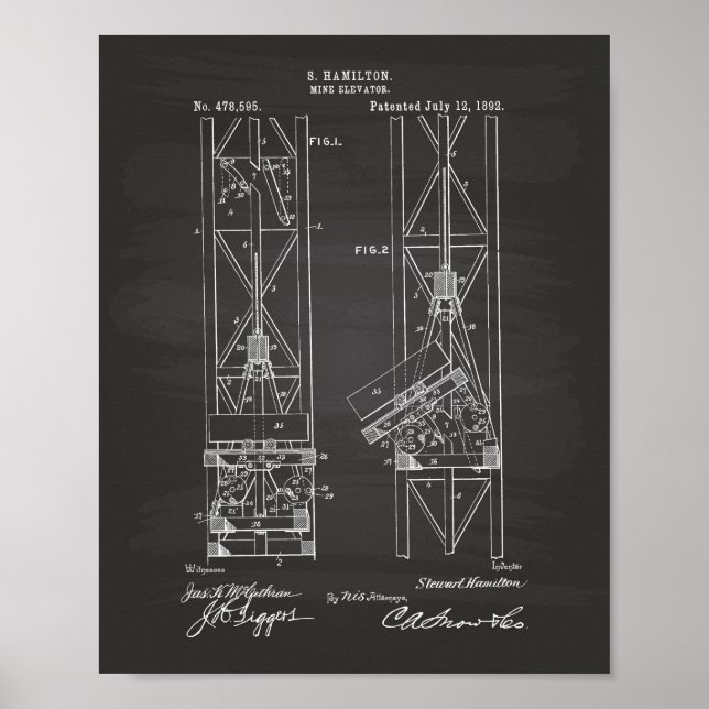 Mine Elevator 1892 Chalkboard für Patentkunst Poster (Vorne)
