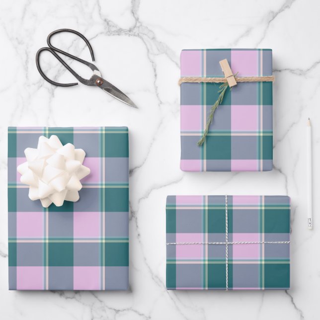 Ming and Melanie Plaid Pink Green Geschenkpapier Set (Vorderseite)