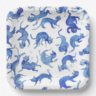 Ming Blau & Weiße Schwimmende Katzen Papier Teller