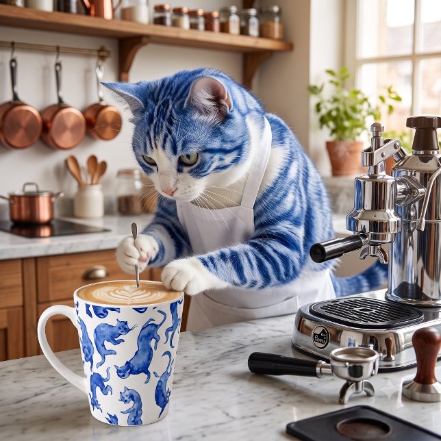 Ming-Stil Blaue Schwebende Katzen Latte Tasse (My finest work for you.)