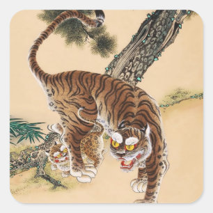 Minhwa Koreanischer hässlicher Tiger Quadratischer Aufkleber