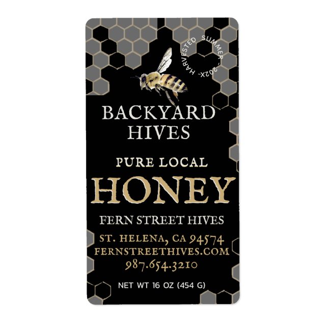 Mini 2"x 3,75" Backyard Honey Label mit Biene (Vorne)