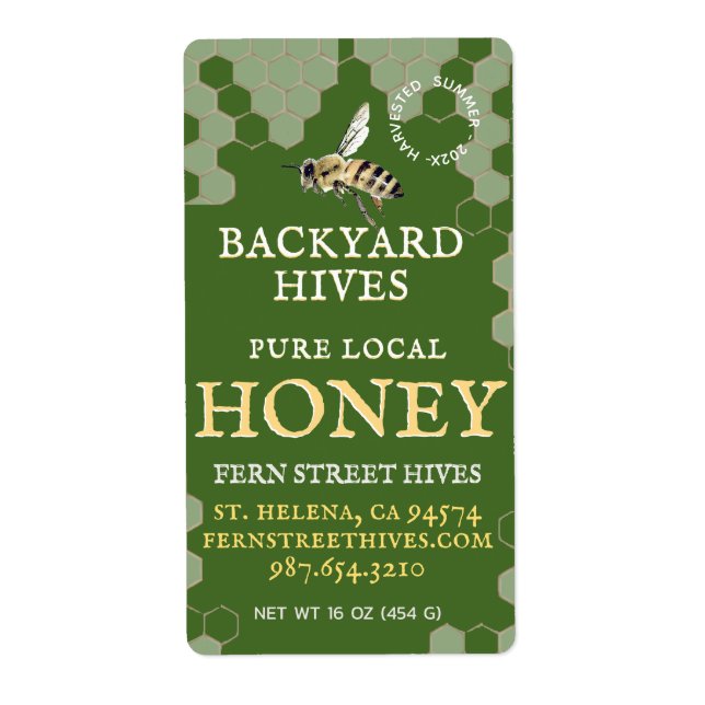 Mini 2"x 3,75" Backyard Honey Label mit Biene (Vorne)