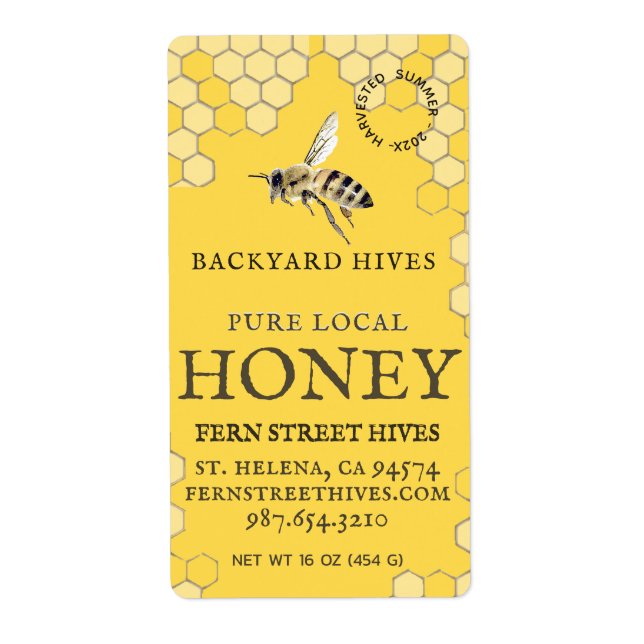 Mini 2"x 3,75" Backyard Honey Label mit Biene (Vorne)