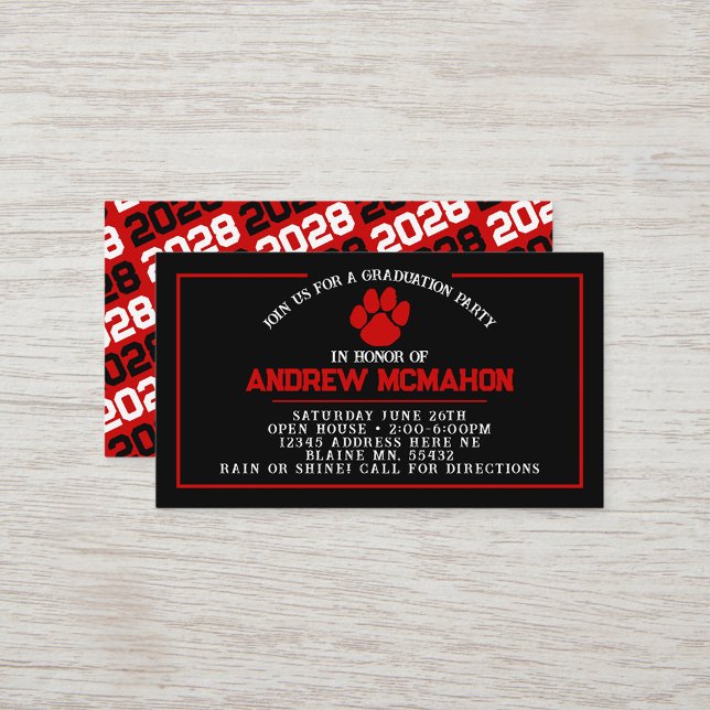 Mini-Abschluss in Schwarz & Rot lädt ein Visitenkarte (Black and Red Paw Mini Graduation Invites for Friends, Team Mates or as Inserts!)