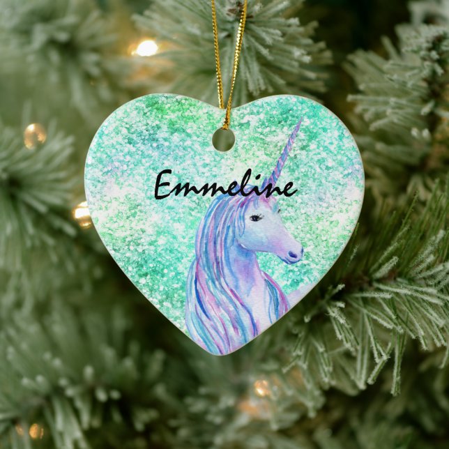 Mini Aqua Confetti Glitzer Unicorn Keramik Ornament (Baum)