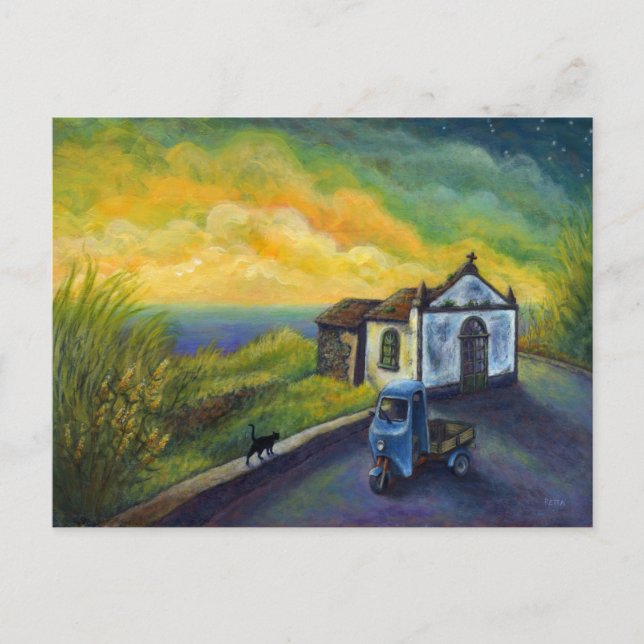 Mini Art Cat Fantasy Yellow Sky Fausea Stars Postkarte (Vorderseite)