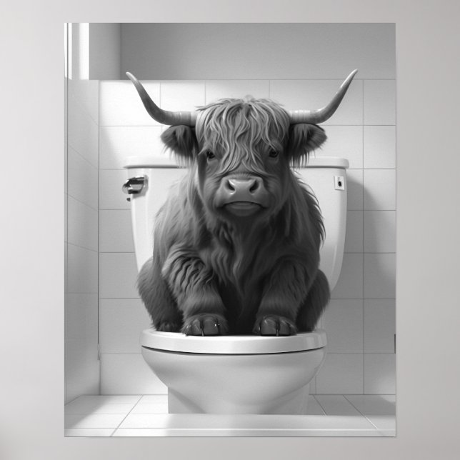 Mini Baby Highland Kuh auf Toilette Badezimmer Poster (Vorne)