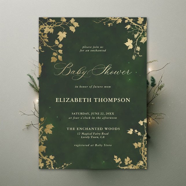 Mini-Babydusche aus verzaubertem Wald Einladung (Enchanted Forest Hunter Green Minimal Greenery Modern Calligraphy Neutral Baby Shower Invitation)