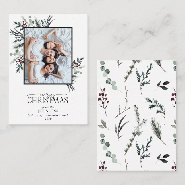 Mini Black Winter Botanisches Foto Frohe Weihnacht Mitteilungskarte (Vorne/Hinten)