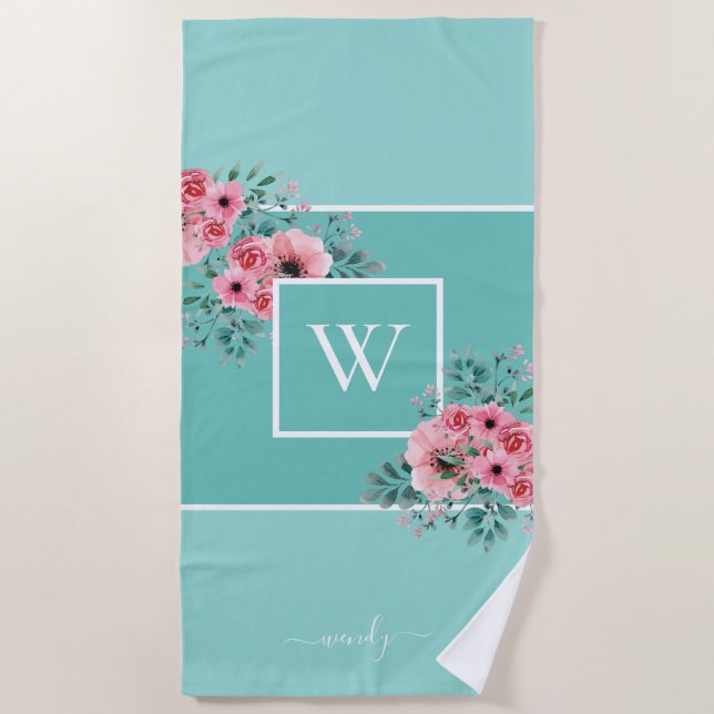 Mini Blue Monogram Watercolor Blume Strandtuch (Vorderseite)