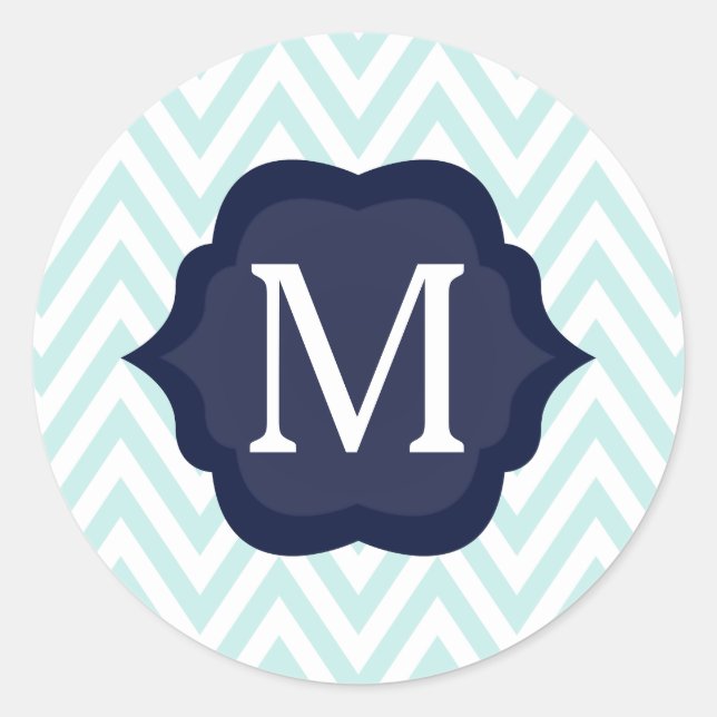 Mini Blue & White Zickzack Navy Monogram Design Runder Aufkleber (Vorderseite)