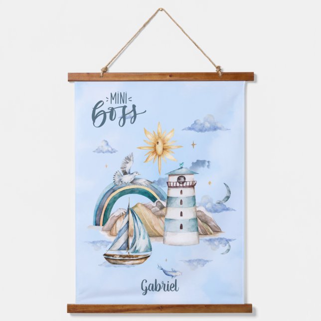 Mini-Boss-Schiff im Ozean individuell anpassbar Wandteppich Mit Holzrahmen (Vorderseite)