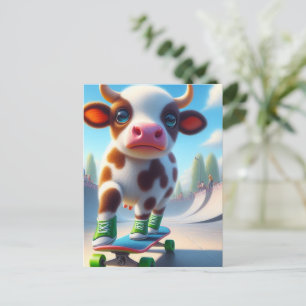 Mini Brown und White Cow Skateboarding Postkarte
