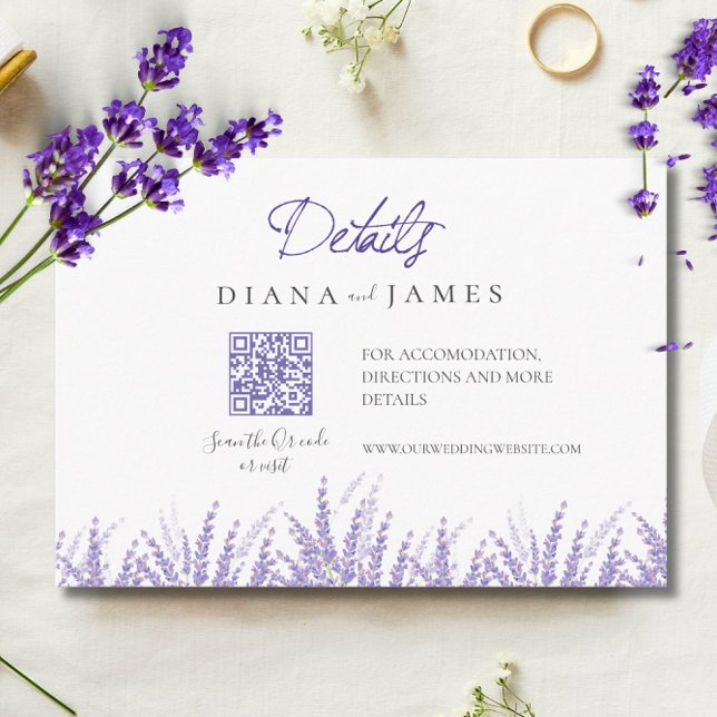 Mini Calligrafy Details Qr Code Lavender Wedding Begleitkarte (Mini Calligraphy Details Qr Code Lavender Wedding Enclosure Card)
