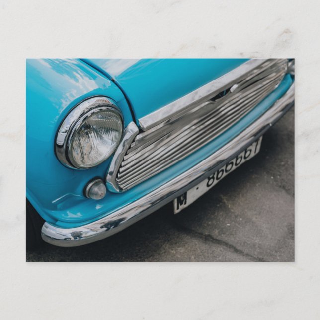Mini Cooper Oldtimer hellblauer Postkarte (Vorderseite)