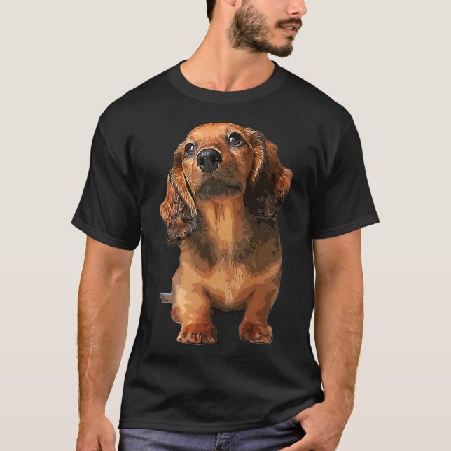 Mini-Dackel Langhaariger, schattiger Rotwelpen T-Shirt (Vorderseite)