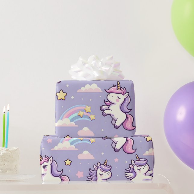 Mini-Einhörner und Shooting Stars auf Lavendel Geschenkpapier (Partygeschenke)