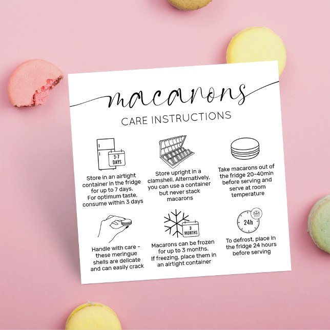 Mini-Elegant-Macarons-Betreuung & Vielen Dank Quadratische Visitenkarte (Minimal macarons care instructions business cards for your macaron boxes )