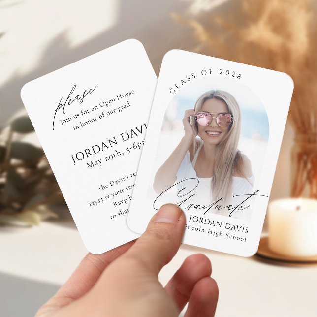 Mini Elegante Script Arch Foto Abschluss laden Begleitkarte (Mini Elegant Script Arch Photo Graduation Invite)
