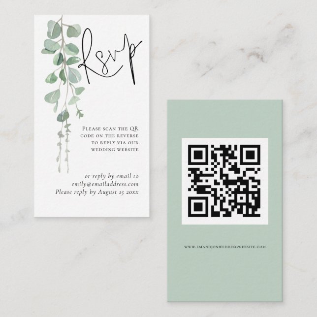 Mini Eucalyptus Script QR Code Wedding RSVP Begleitkarte (Vorne/Hinten)