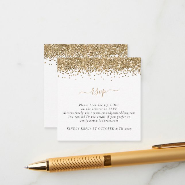 Mini Glam Gold Glitzer QR Code Wedding RSVP Begleitkarte (Vorderseite/Rückseite Beispiel)