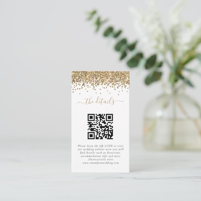 Mini Gold Glitzer QR Code Hochzeitdetails Begleitkarte (Stehend Vorderseite)