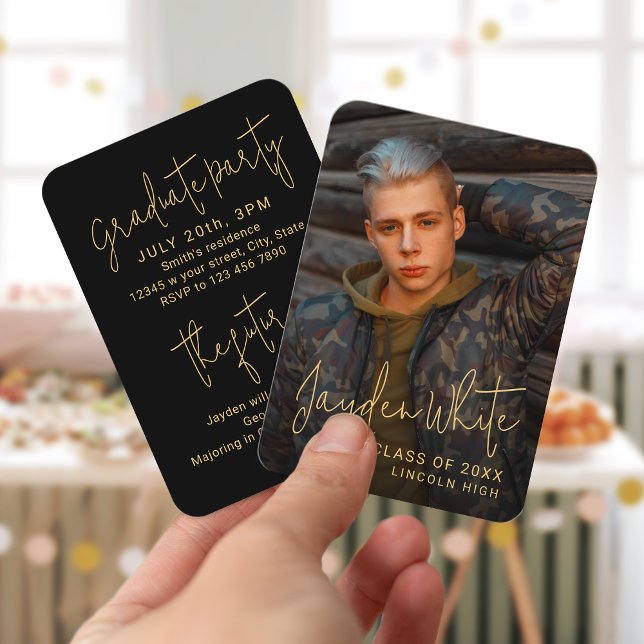 Mini Gold Modernes Script Foto Abschluss laden Begleitkarte (Mini Gold Modern Script Photo Graduation Invite)