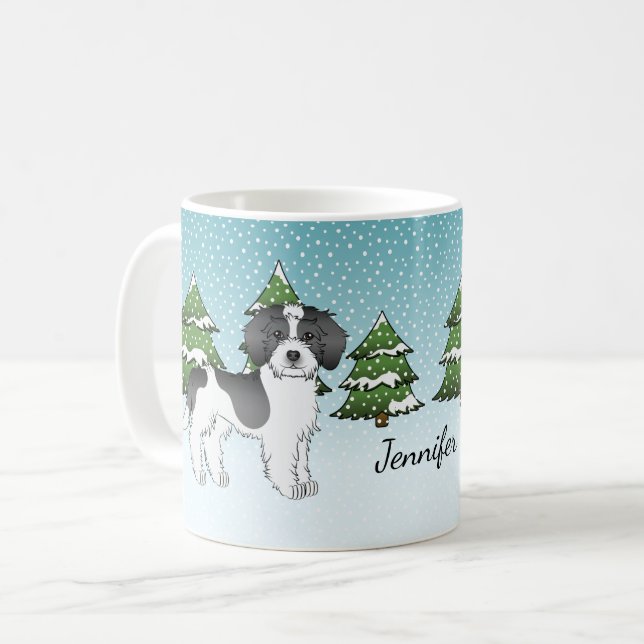 Mini Goldendoodle Winterwald in Schwarzwald Kaffeetasse (Vorderseite Links)