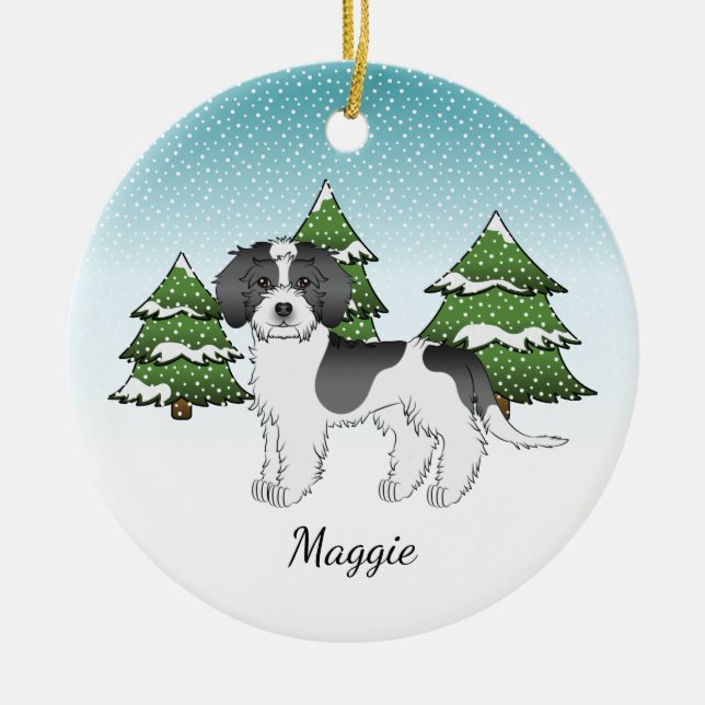 Mini Goldendoodle Winterwald in Schwarzwald Keramik Ornament (Vorne)