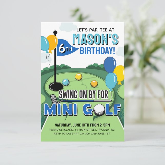 Mini Golf Birthday Invitation, Putt Putt Birthday  Einladung (Stehend Vorderseite)