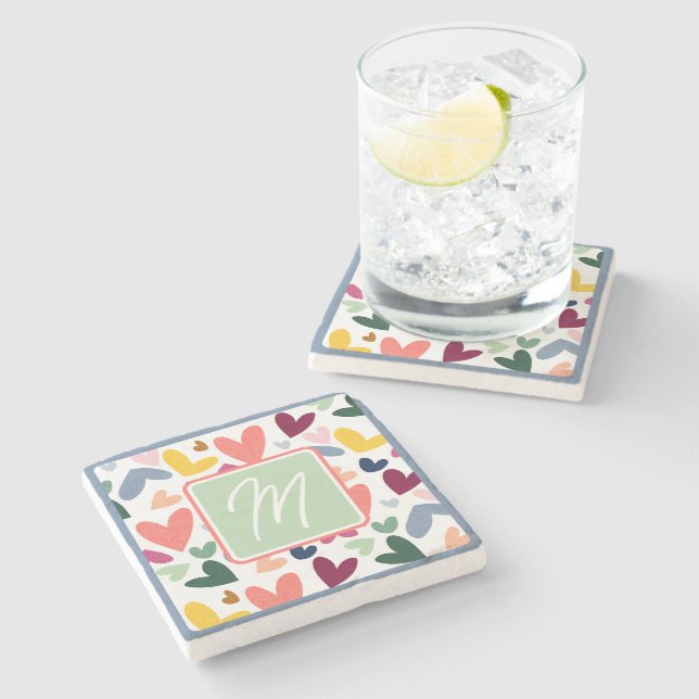 Mini Green Blush Pink Blue Herz Art Muster Steinuntersetzer (Seitenansicht)