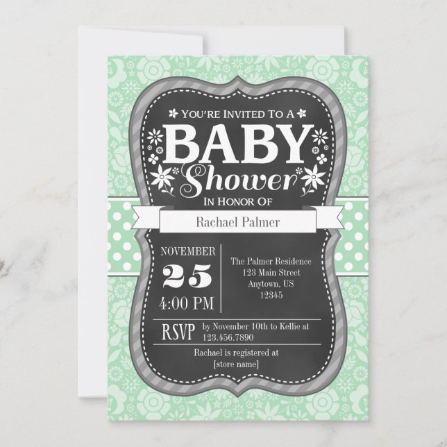 Mini Green Chalkboard Floral Baby Dusche laden ein Einladung (Vorderseite)