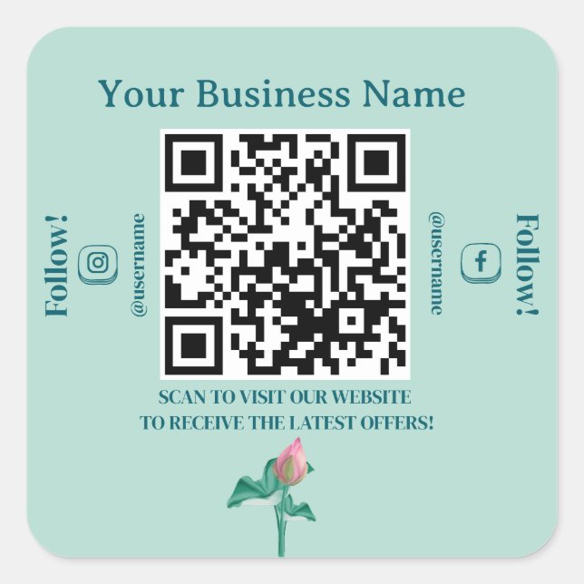 Mini Green Floral QR Code Marketing Quadratischer Aufkleber (Vorderseite)