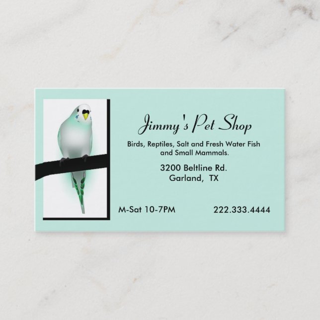 Mini Green Parakeet Pet Store Business Card Visitenkarte (Vorderseite)