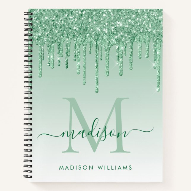 Mini Green Tropfens Glitzer Sparkle Monogram Scrip Notizbuch (Vorderseite)