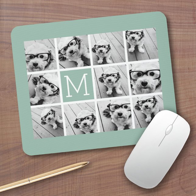 Mini Green Unique Foto Collage Custom Monogram Mousepad (Personalized mousepad - Add Photos and Custom Text)