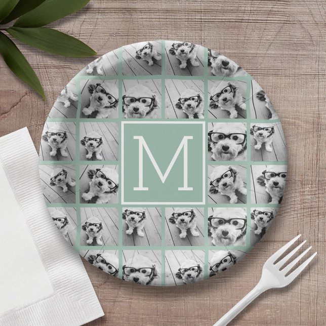 Mini Green Unique Foto Collage Custom Monogram Pappteller (Personalized birthday plate with monogram and photo collage)