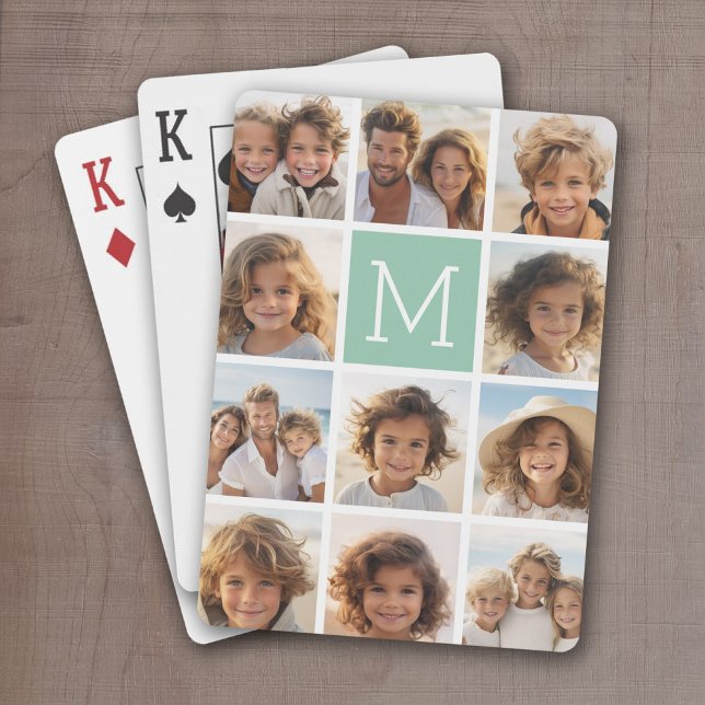 Mini Green Unique Foto Collage Custom Monogram Spielkarten (Personalized Playing Cards with 11 Photos and a bright monogram in the center)