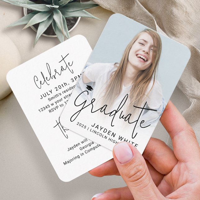 Mini-Größe Modernes Script-Foto Abschluss laden ei Begleitkarte (Mini Size Modern Script Photo Graduation Invite)